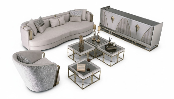 Luxury Suite Fabric Sofa Armchair Living Room Coffee Table Set 7-Piece Gray