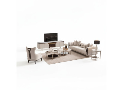 Living room set three-seater armchair fabric sofa 6-piece beige coffee tables