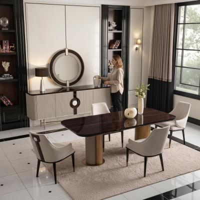 Dining area dining room dining group luxury dining table chairs beige wood set 9-piece