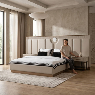 Bedroom set double bed bedside tables 3-piece beige fabric