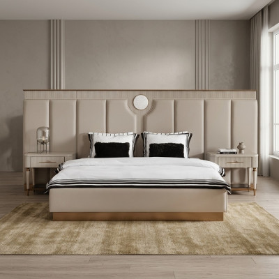 Bedroom set double bed bedside tables 3-piece beige fabric