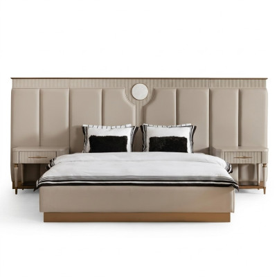 Bedroom set double bed bedside tables 3-piece beige fabric