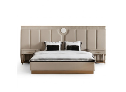Bedroom set double bed bedside tables 3-piece beige fabric