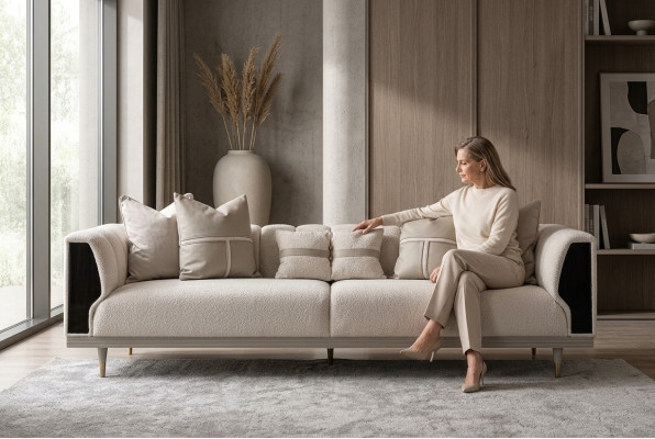 Luxury Three-Seater Sofa 3-Seater Beige Upholstered Sofa Fabric Sofa Modern Sofa