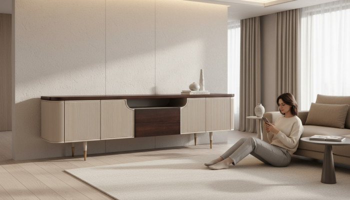 Sideboard TV Stand RTV Lowboard Wood Beige Modern Table Living Room