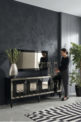 Complete Sideboard Cabinet Mirror Set Black Wood Luxury