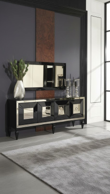 Complete Sideboard Cabinet Mirror Set Black Wood Luxury