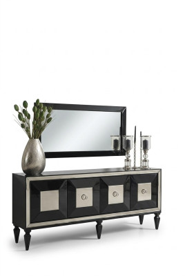 Complete Sideboard Cabinet Mirror Set Black Wood Luxury