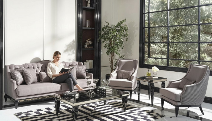 Sofa set: sofa, 3 coffee tables, fabric sofa, gray, 5-piece set, three-seater.