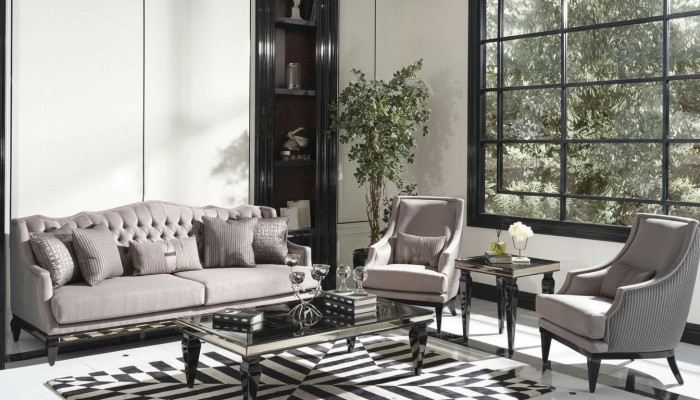 Sofa set: sofa, 3 coffee tables, fabric sofa, gray, 5-piece set, three-seater.