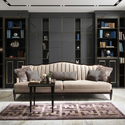 Four-seater sofa, 4-seater side table, complete gray wood fabric sofa