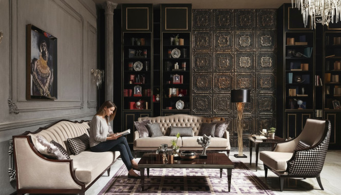 Four-seater sofa set, three-seater armchair, gray coffee tables, fabric sofa