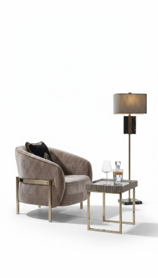 Living Room Complete Armchair Side Table Beige Fabric Wing Chair Set
