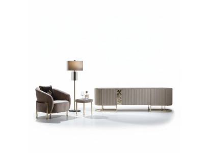 Group Armchair Living Room Side Table Beige Fabric TV Stand Set 3-piece