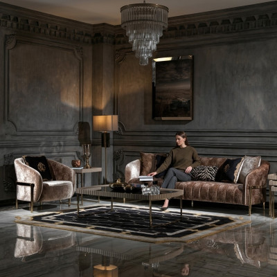 Three-seater sofa set, armchair, beige fabric sofa, upholstered sofa, coffee table