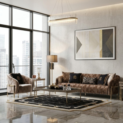Three-seater sofa set, armchair, beige fabric sofa, upholstered sofa, coffee table