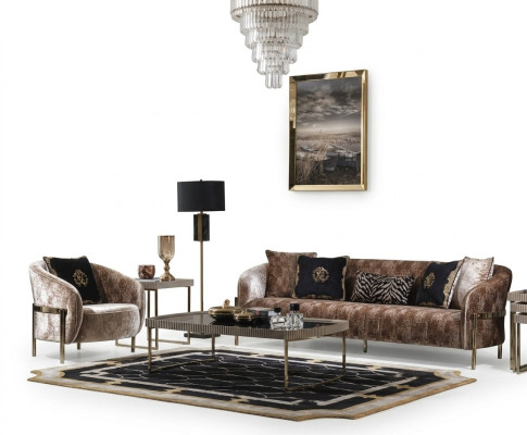 Three-seater sofa set, armchair, beige fabric sofa, upholstered sofa, coffee table