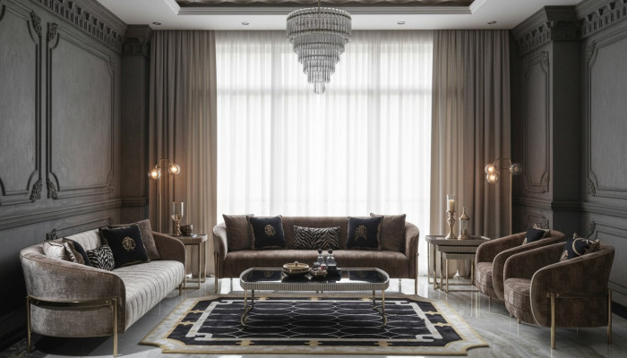 Large Suite Sofa Set Three-Seater Armchair Beige Fabric Tables 5-piece Set