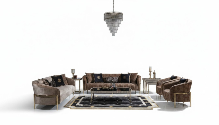 Large Suite Sofa Set Three-Seater Armchair Beige Fabric Tables 5-piece Set