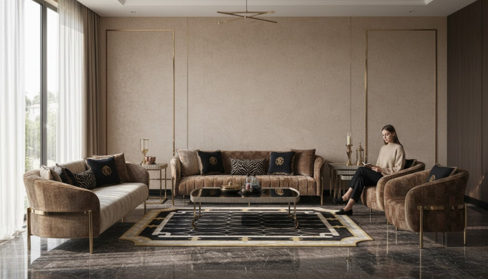 Living room sofa set three-seater armchair beige fabric sofa coffee table