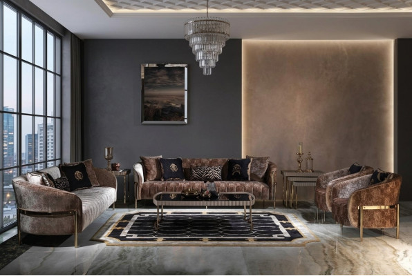 Living room sofa set three-seater armchair beige fabric sofa coffee table