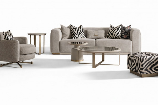 Four-seater sofa set armchair fabric sofa coffee tables gray set 6-piece