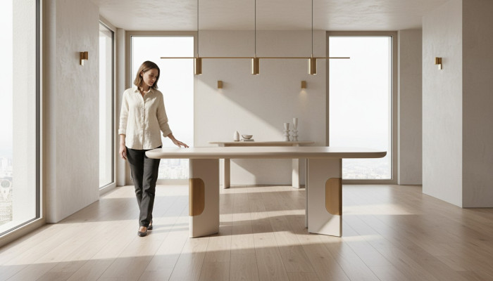 Modern dining table, dining room table, wooden dining nook, beige dining room design