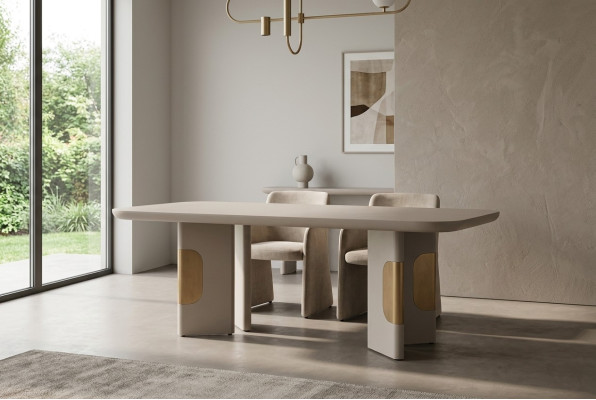 Modern dining table, dining room table, wooden dining nook, beige dining room design