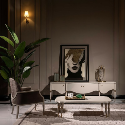 Set: Living room armchair, fabric coffee table, RTV sideboard, 3-piece, beige wood