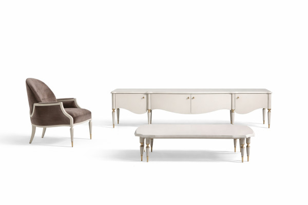 Set: Living room armchair, fabric coffee table, RTV sideboard, 3-piece, beige wood