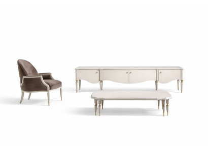 Set: Living room armchair, fabric coffee table, RTV sideboard, 3-piece, beige wood