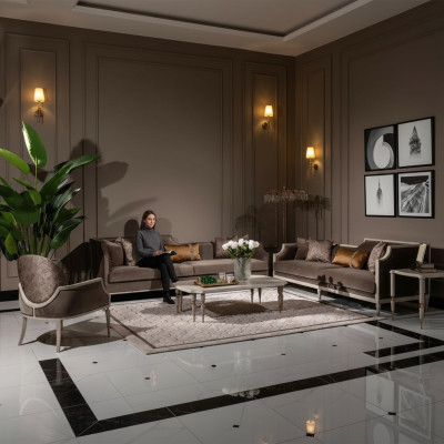 Four-seater sofa set 4 seats coffee table fabric sofa armchair brown 4-piece set