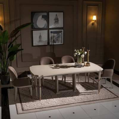 Dining group dining nook dining table chairs set 7-piece dining room beige wood design