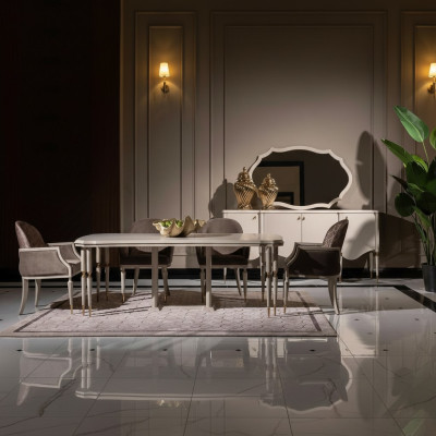 Dining set, dining nook, dining table, chairs, 9-piece dining room, beige, wood, sideboard