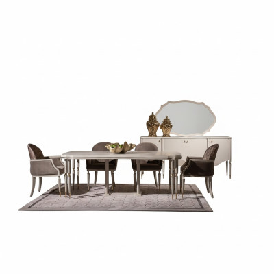 Dining set, dining nook, dining table, chairs, 9-piece dining room, beige, wood, sideboard