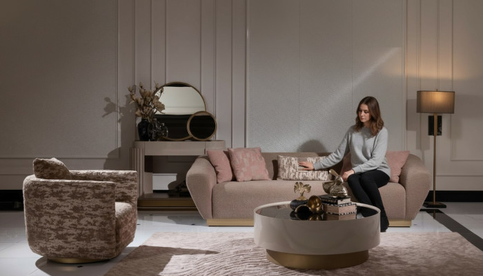 Sofa set 3-seater sofa, armchair, coffee table, dresser, beige fabric, 5-piece set