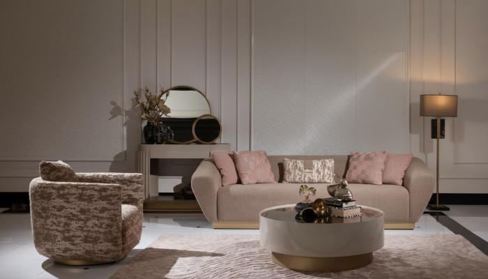 Sofa set 3-seater sofa, armchair, coffee table, dresser, beige fabric, 5-piece set
