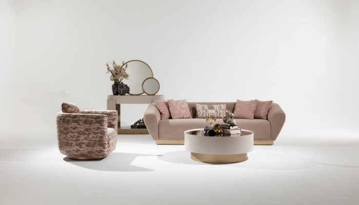 Sofa set 3-seater sofa, armchair, coffee table, dresser, beige fabric, 5-piece set