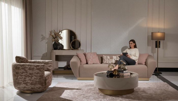 Fabric sofa set, 3-seater sofa, armchair, coffee table, beige fabric, 3-piece set