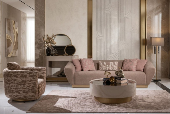 Fabric sofa set, 3-seater sofa, armchair, coffee table, beige fabric, 3-piece set