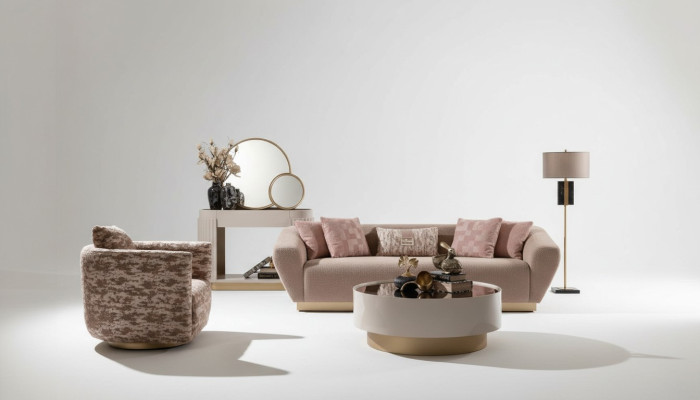 Fabric sofa set, 3-seater sofa, armchair, coffee table, beige fabric, 3-piece set