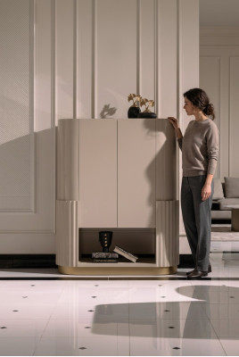 Bar cabinet, cabinet, wooden cabinet, wooden bar, beige, drinks, living room.