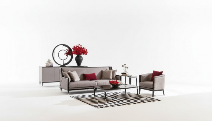 Three-seater sofa set with armchairs and coffee tables, 5-piece set, gray fabric sofa