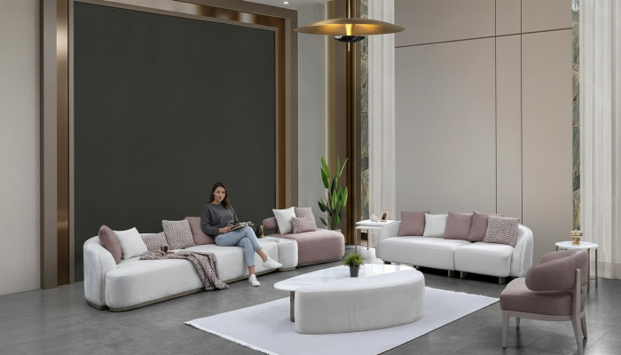 Sofa Set Large Sofa Upholstered Sofa Fabric Sofa Pink Three-Seater Set 4-piece
