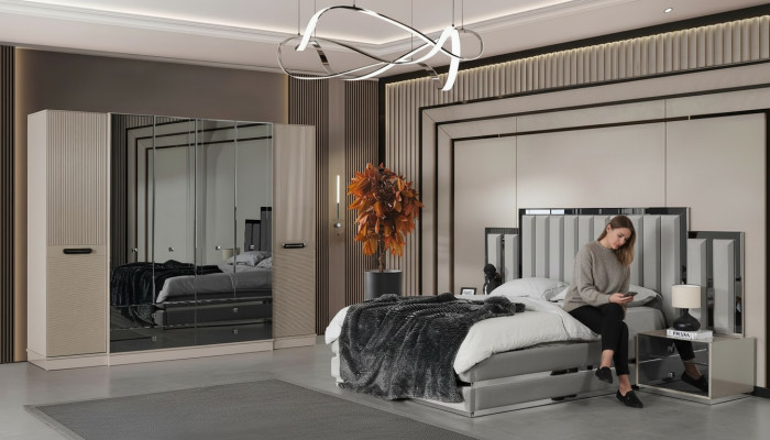 Complete bedroom double bed bed nightstands 4-piece gray wardrobe