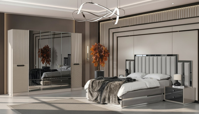 Complete bedroom double bed bed nightstands 4-piece gray wardrobe