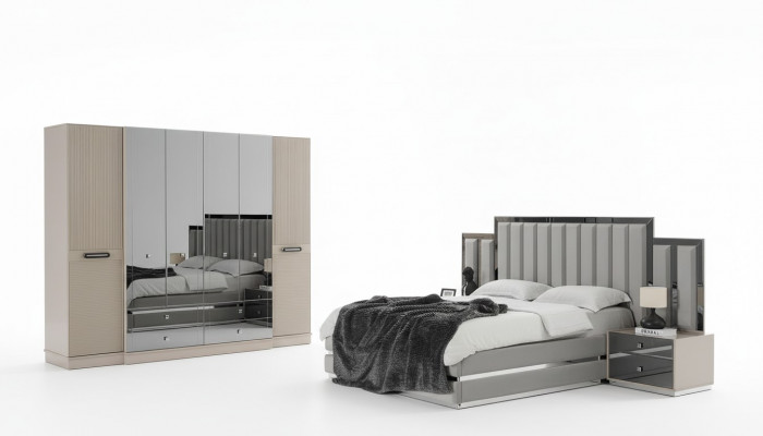 Complete bedroom double bed bed nightstands 4-piece gray wardrobe