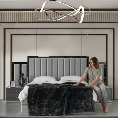 Bedroom set, double bed, bed, bedside tables 3-piece, gray, wardrobe.