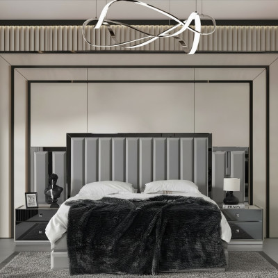Bedroom set, double bed, bed, bedside tables 3-piece, gray, wardrobe.