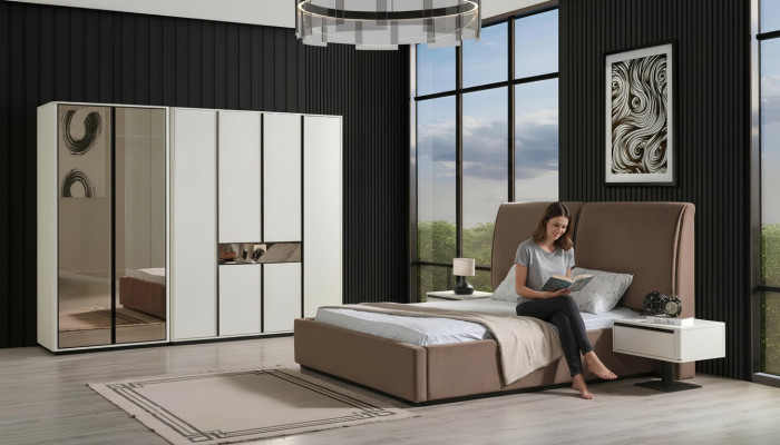 Bedroom set double bed bed nightstands 4-piece beige wardrobe